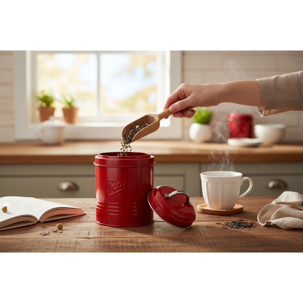 Tea Canister Kitchen Small Red Very Good Embossed Metal Retro